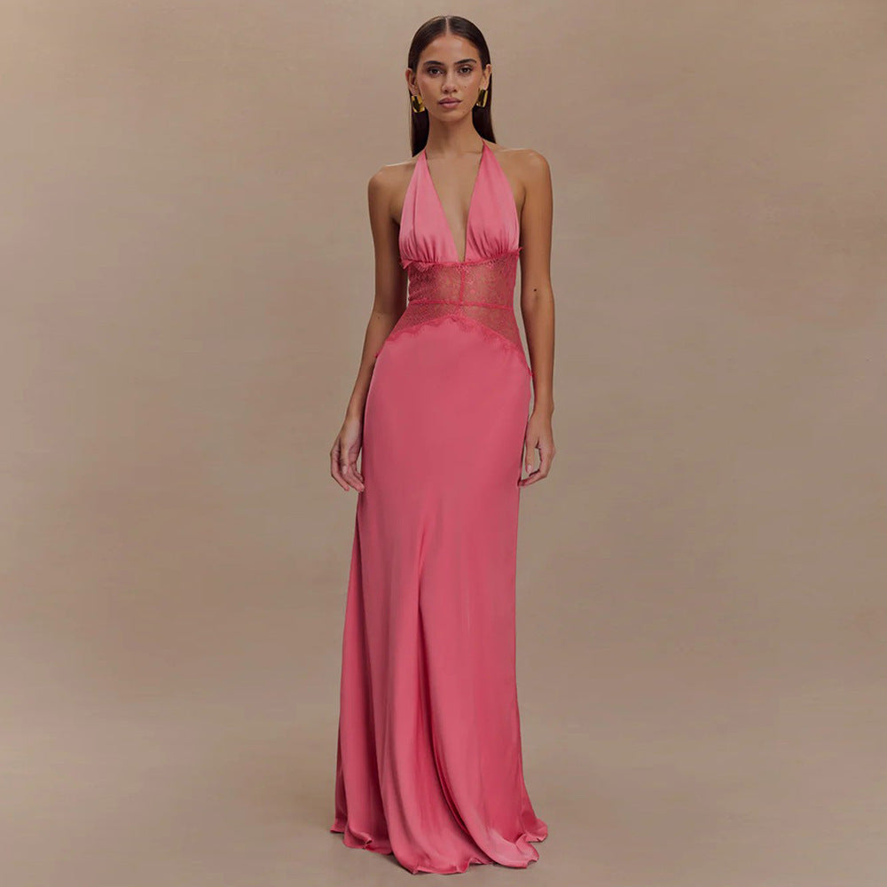 Womens Deep V Backless Lace Dress
