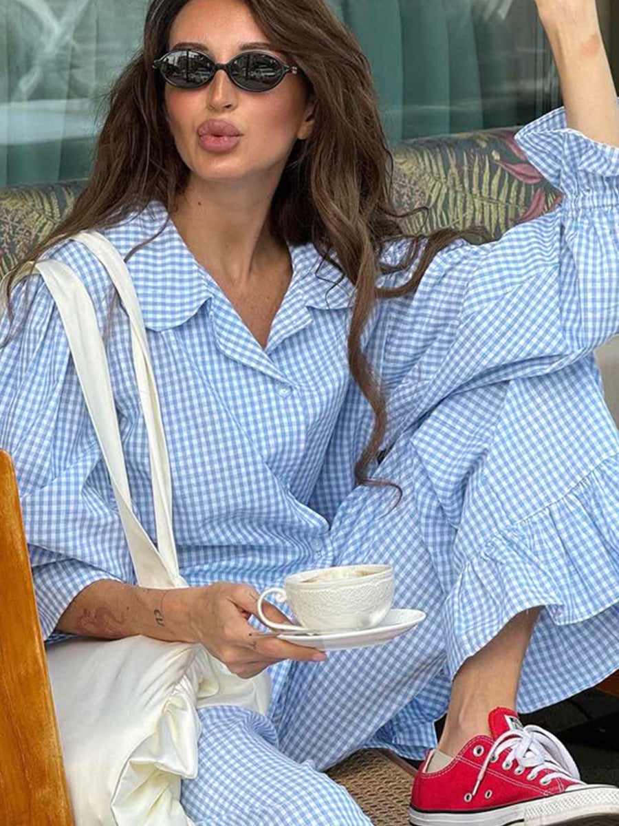 Cross-Border Pure Cotton Plaid Long-Sleeved Pants Two-Piece Set European and American 2025 Autum New Ruffled Shirt Pants Suit