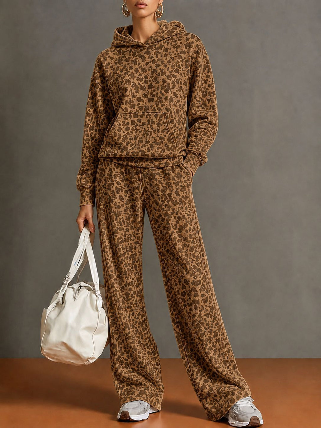 Vintage Leopard Print Hooded Sweatshirt and Wide-Leg Pants Set