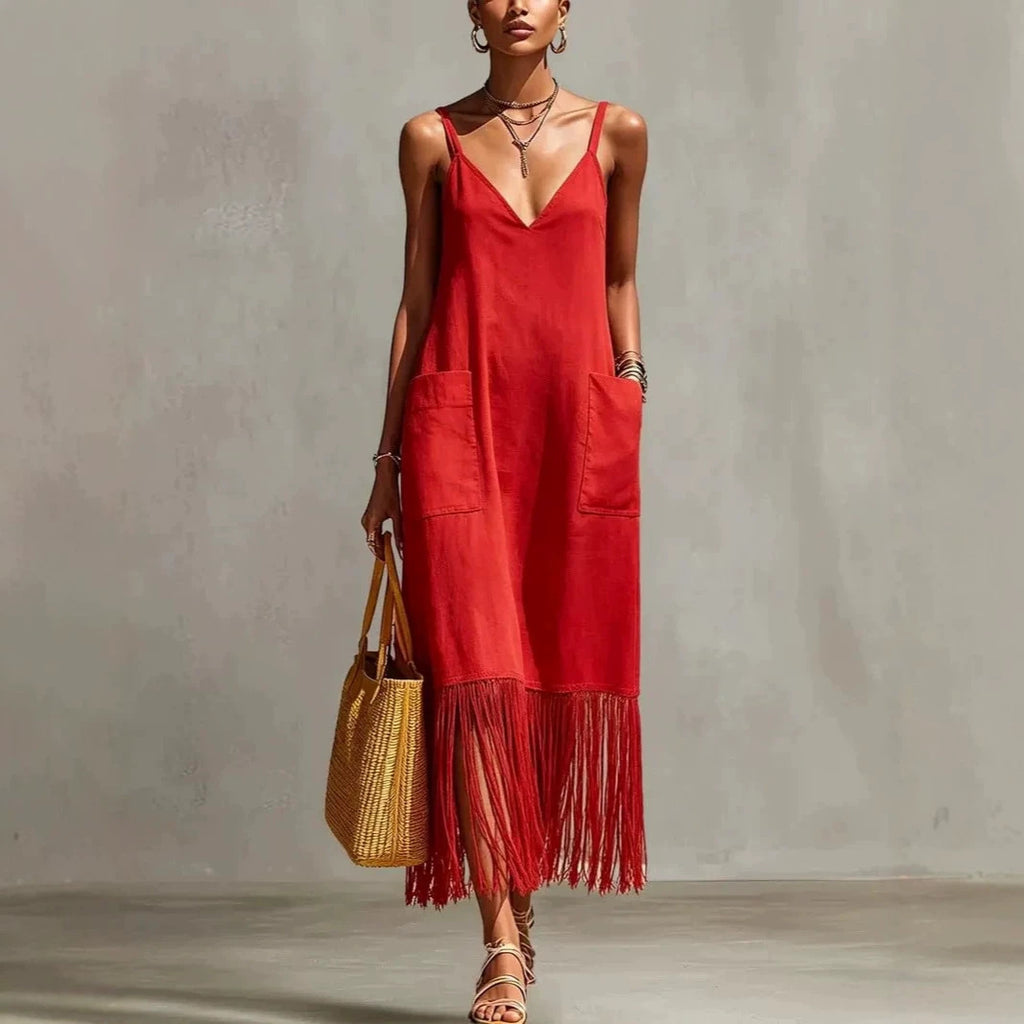 V-Neck Sleeveless Tassel Dress