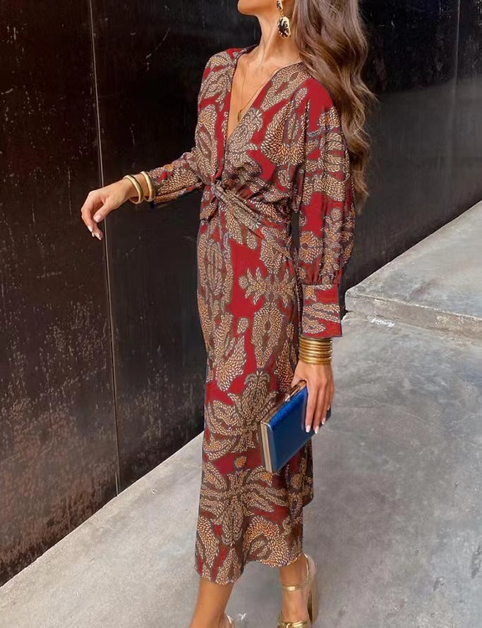 Women's Autumn 3D Printed V-Neck A-Line Mid-Length Dress