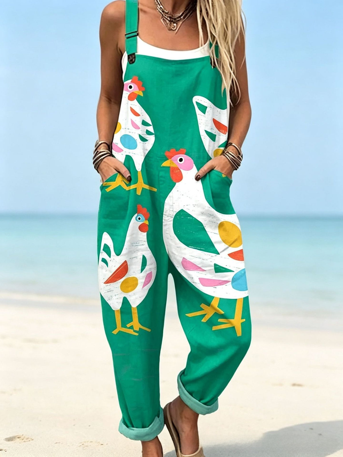Women's sleeveless printed long-style drawstring pants