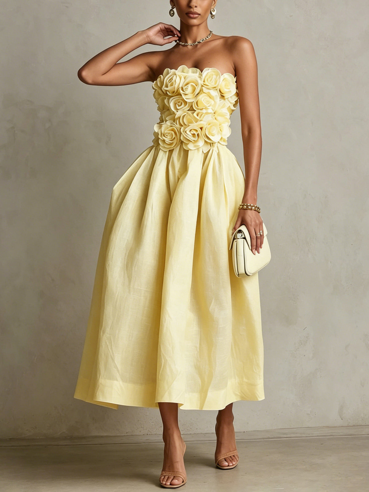 Women's Off-Shoulder Floral Decor High-Waisted A-Line Midi Dress