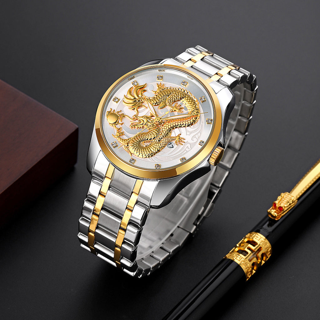 Mens Dragon Embossed Quartz Calendar Watch