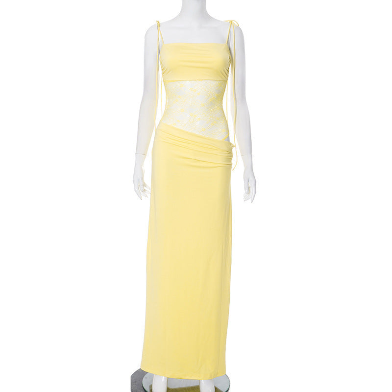Women Solid Color Spaghetti Strap Lace Slim Fit Patchwork Dress