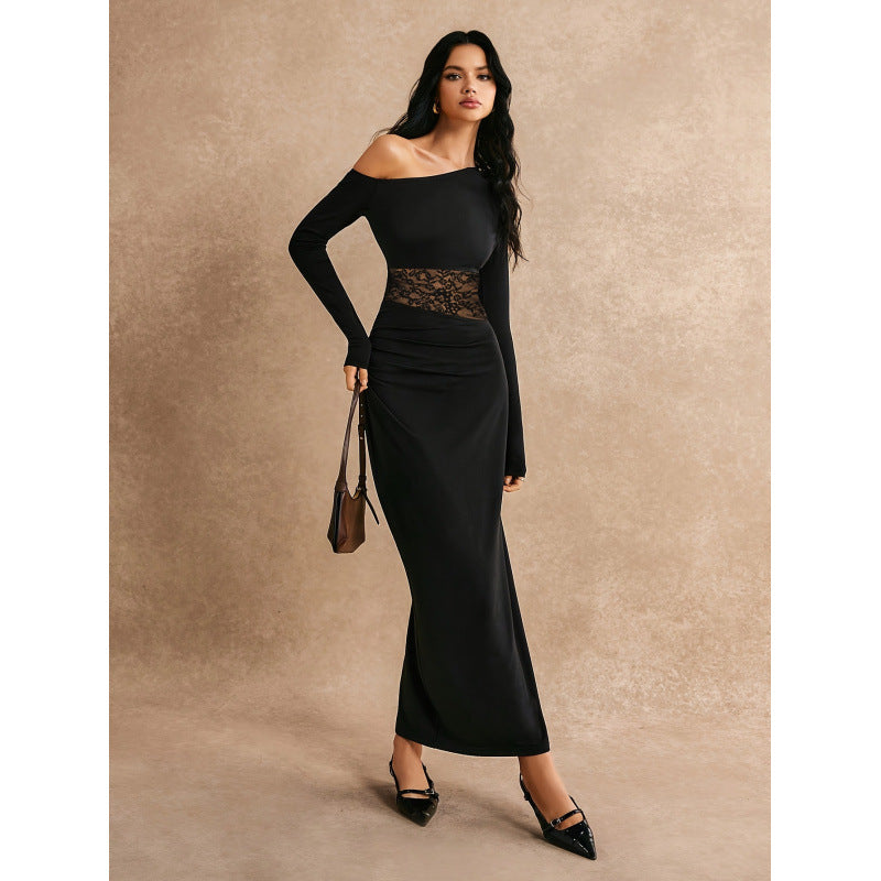 Women's Solid Color One-Shoulder Long-Sleeve Lace Patchwork Elegant Long Dress