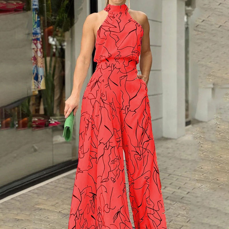Womens Sleeveless Printed Waist-Cinching Long Dress
