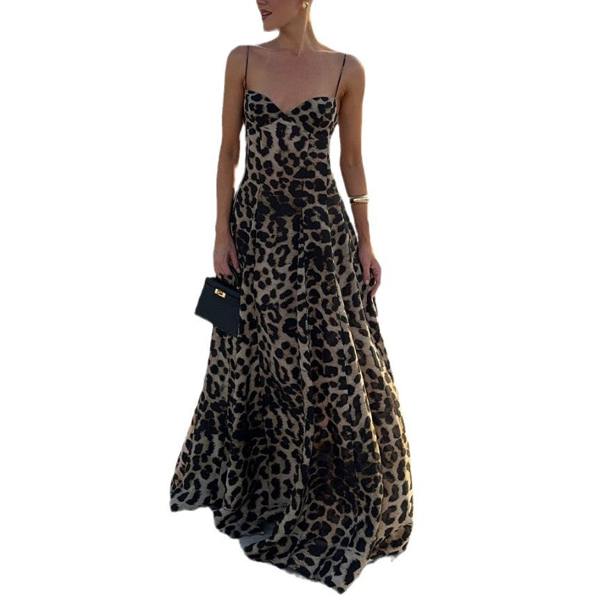Womens Leopard Print Strap Long Dress
