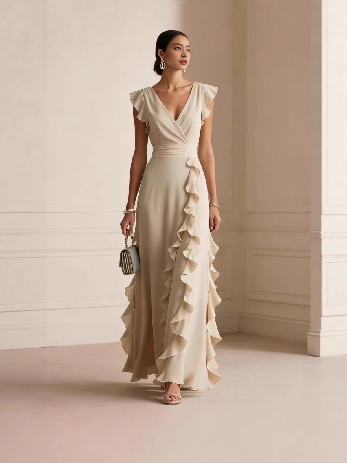 Solid Color, Ruched, Short-Sleeve, V-Neck, Dress, Chiffon Gown