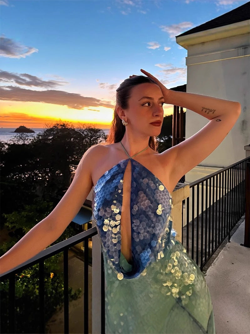 Elegant Sequined Halter Neck Dress