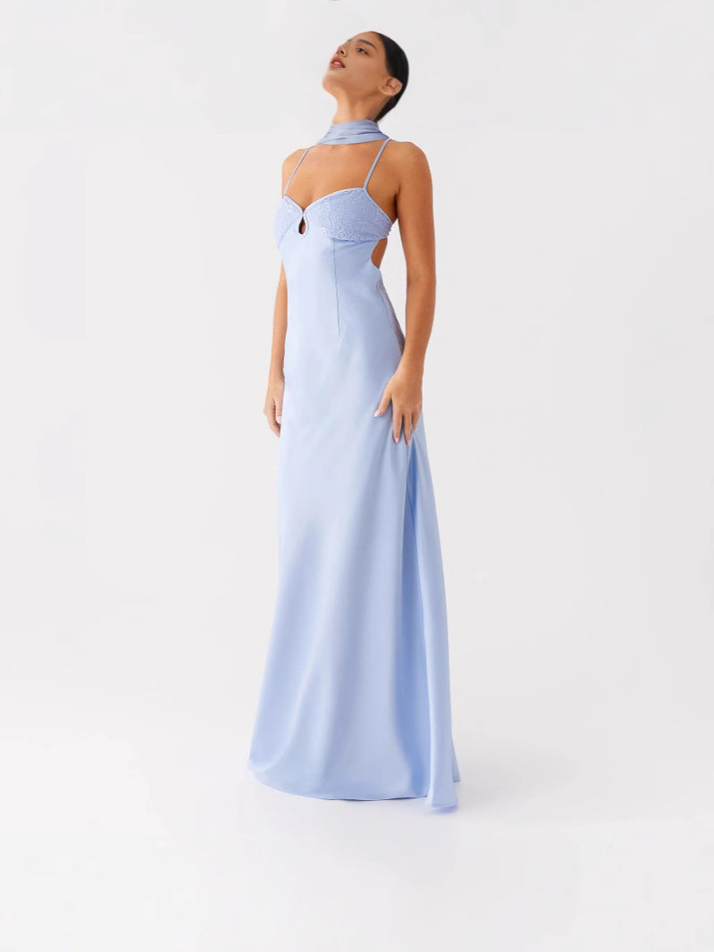 Elegant Satin V-Neck Tie-Back Long Dress