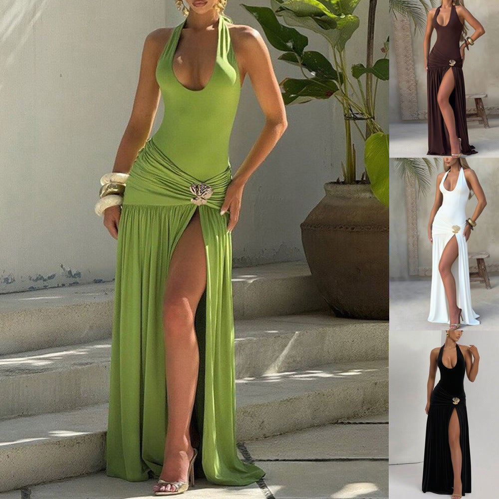 Slim Fit Solid Color Long Split Dress
