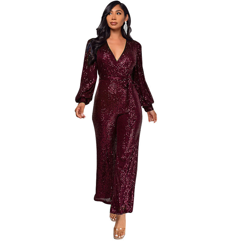 Women's Long Sleeve Deep V Neck Jumpsuit with Sequined Belt