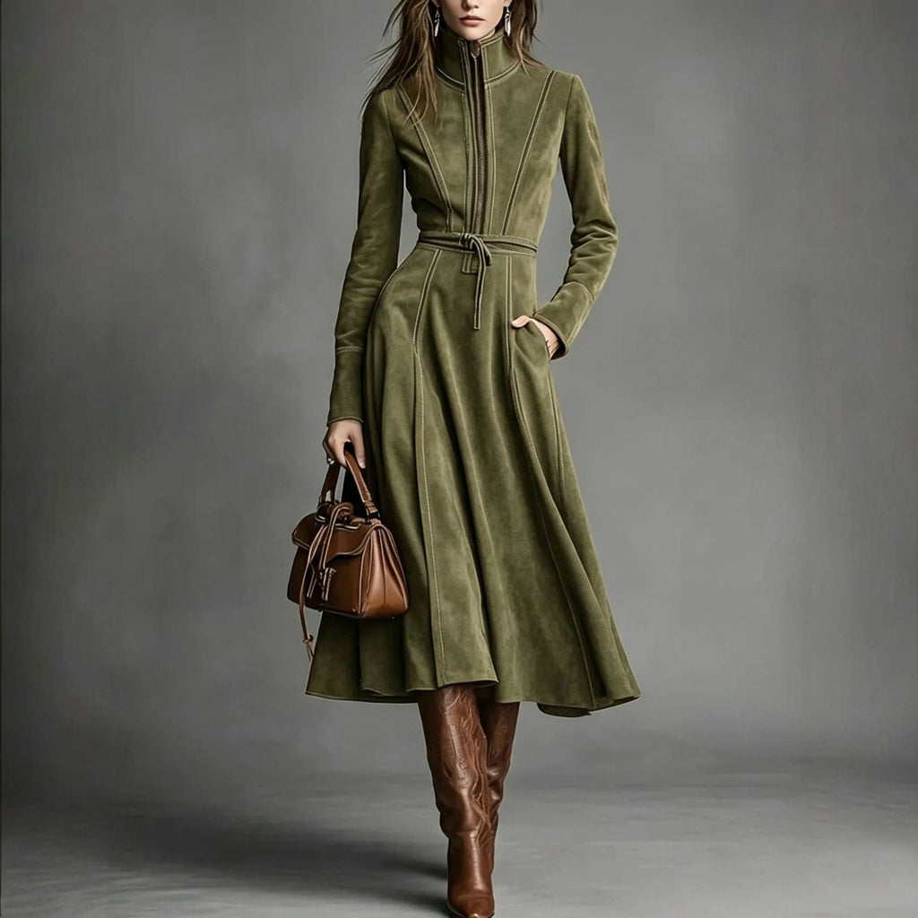 Women's Retro Suede Stand Collar Zipper A-Line Long Dress