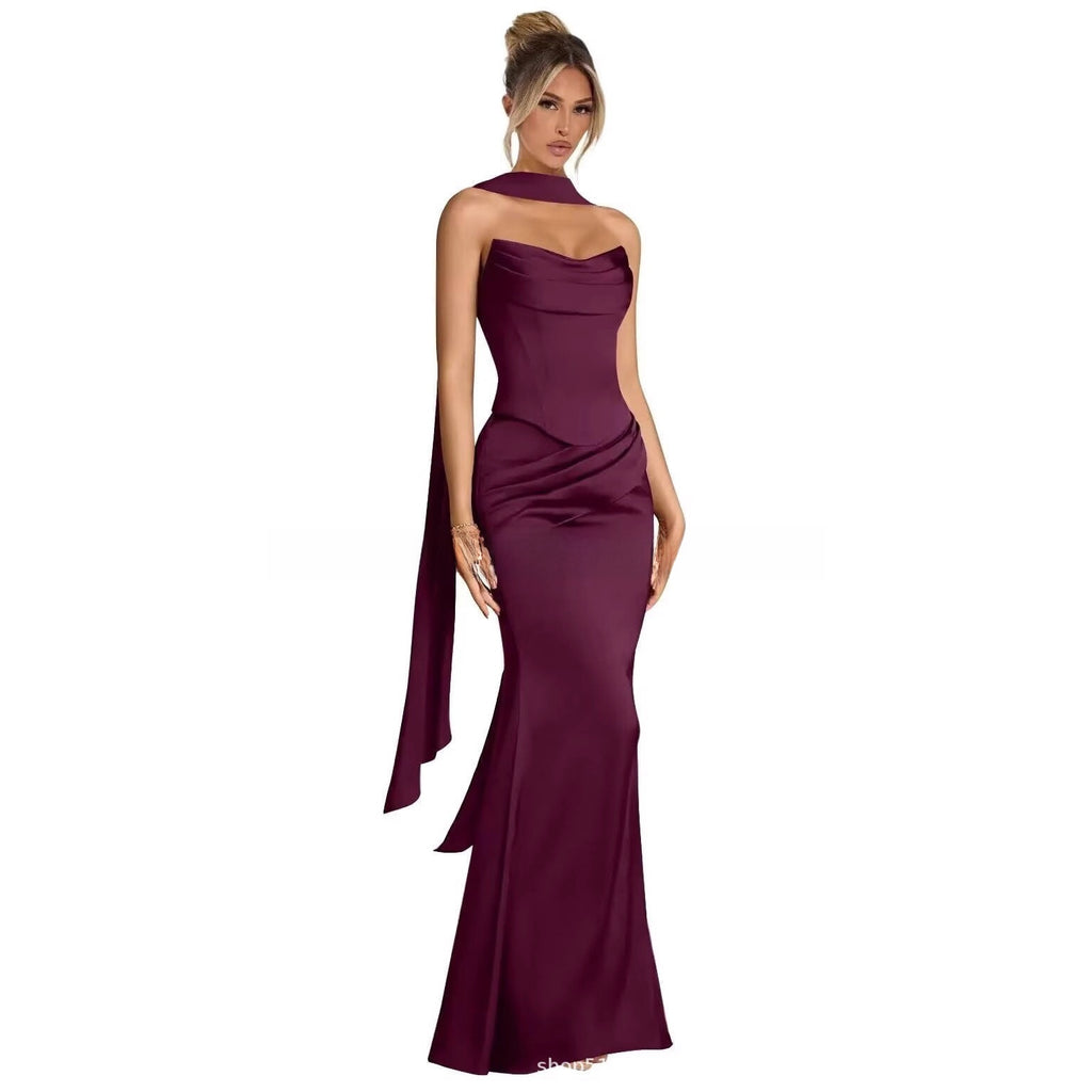 Women's Halter Neck Satin Fishtail Long Evening Dress