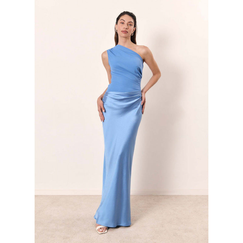 Diagonal Neckline Sleeveless Satin Long Dress