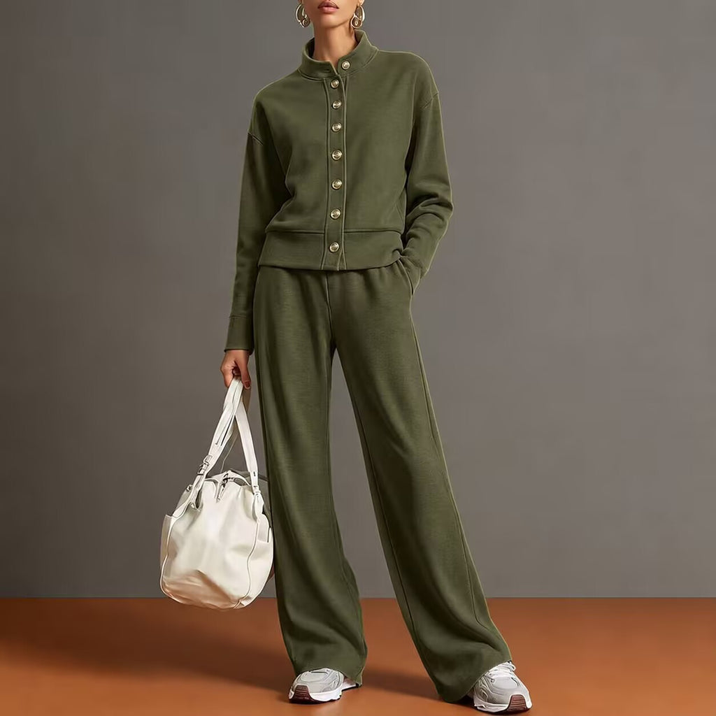 Women's Solid Color Stand Collar Sweatshirt and Wide Leg Pants Casual Two Piece Set
