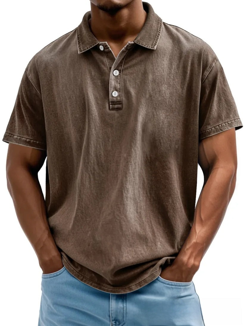 Men's Retro Washed Pure Cotton Casual Versatile Short-Sleeve Button-Down T-Shirt