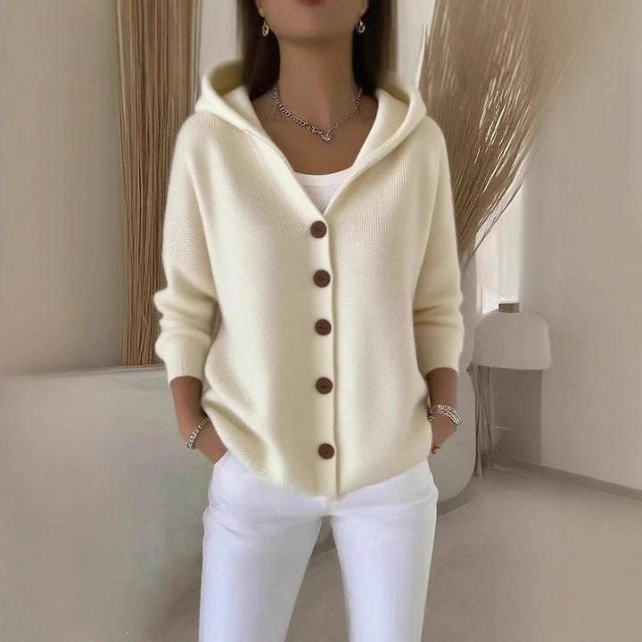 Women's Hooded Knitted Cardigan Solid Color Casual Fashion Sweater Jacket