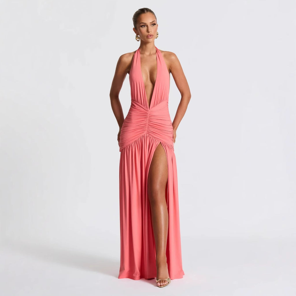New Sexy V-Neck Slim-Fit Hot Girl Pure Color Halter Neck Slit Dress