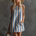 Retro Striped Sleeveless Round Neck Cotton and Linen  Dress