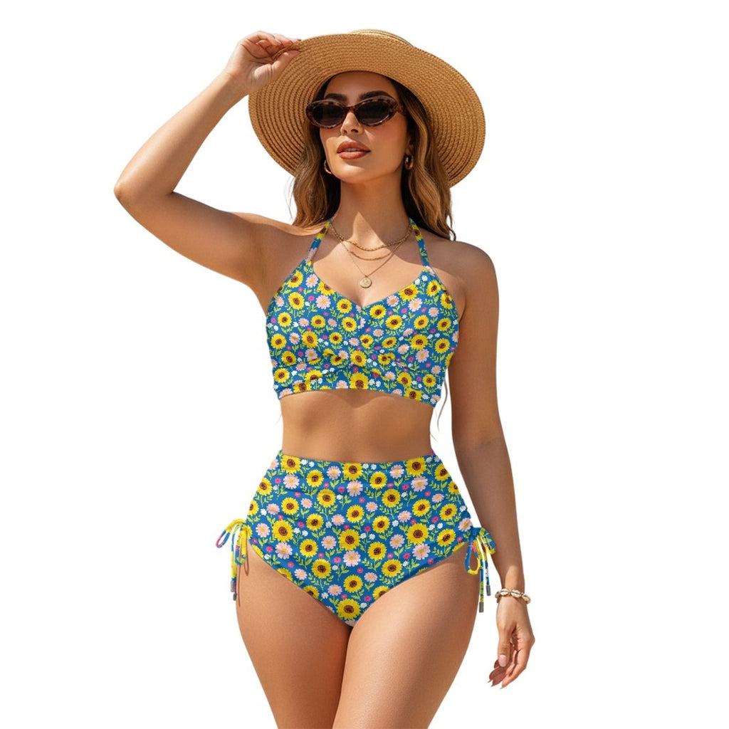 Women Sexy Animal Print High-Waist Drawstring Two-Piece Bikini Swimsuit