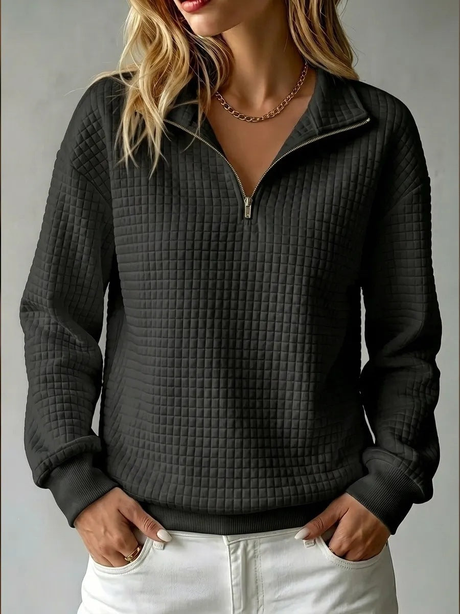 Women's Stand Collar Zip Long Sleeve Waffle Knit Patchwork Sweatshirt