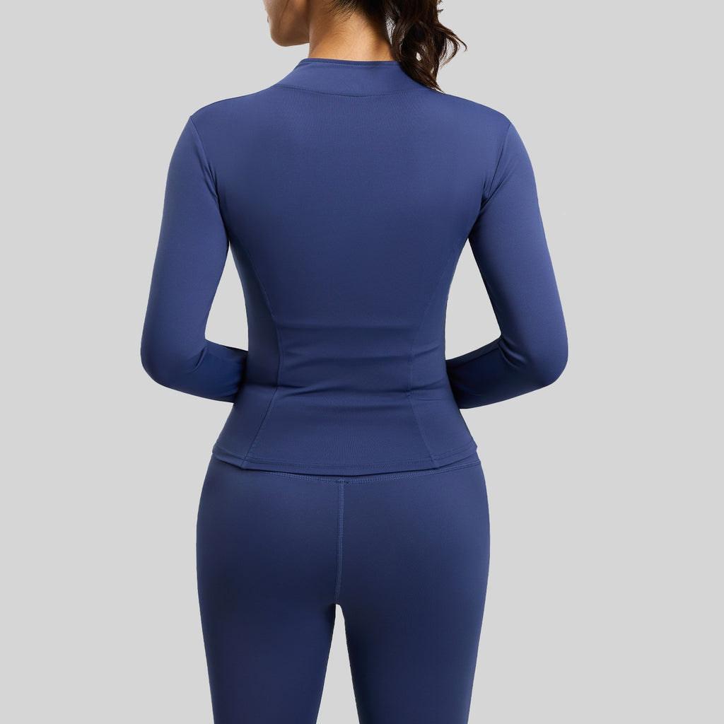 Women's fitted stretch yoga top with a stand-up collar