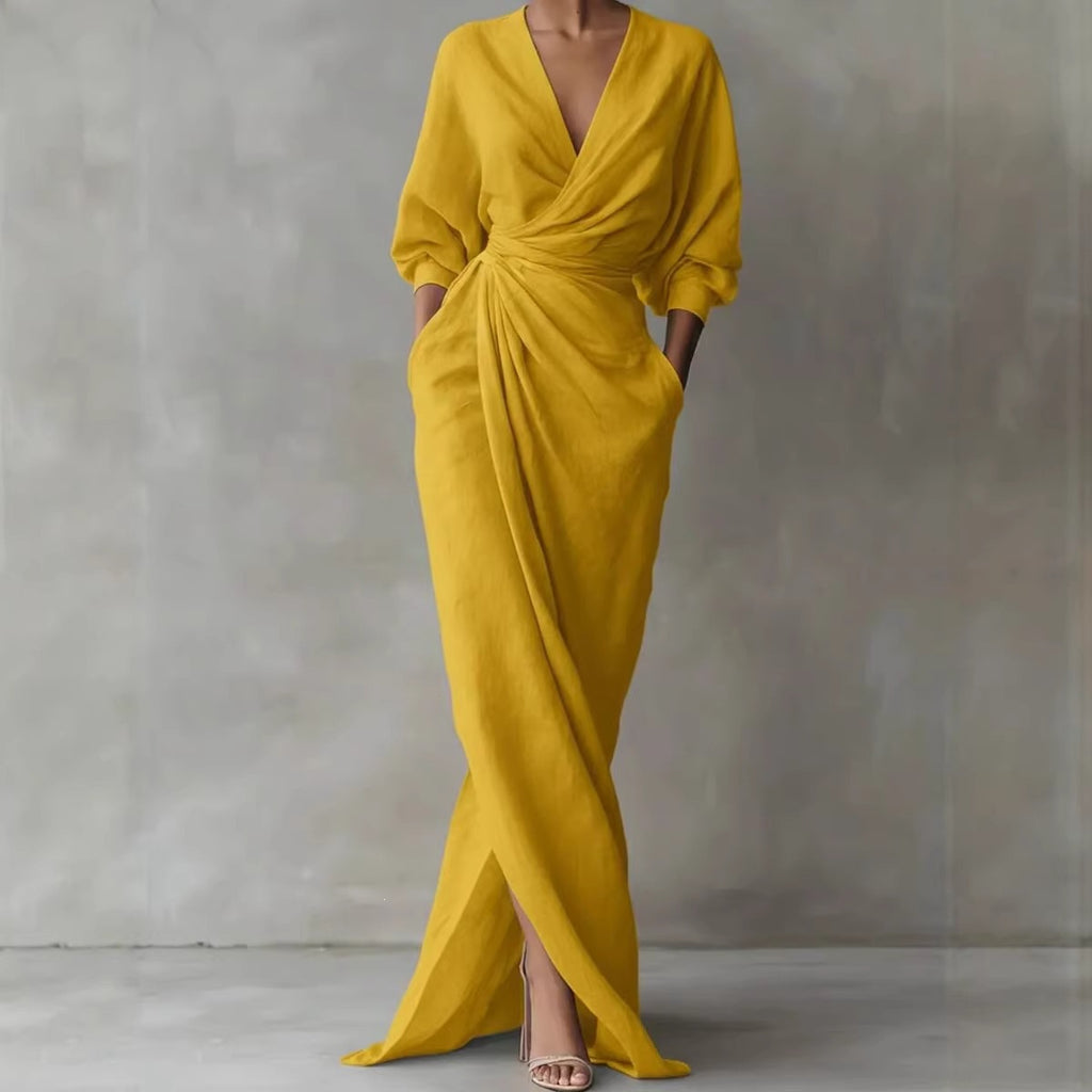 Solid-color V-neck long-sleeve slit waist-cinching dress with pockets
