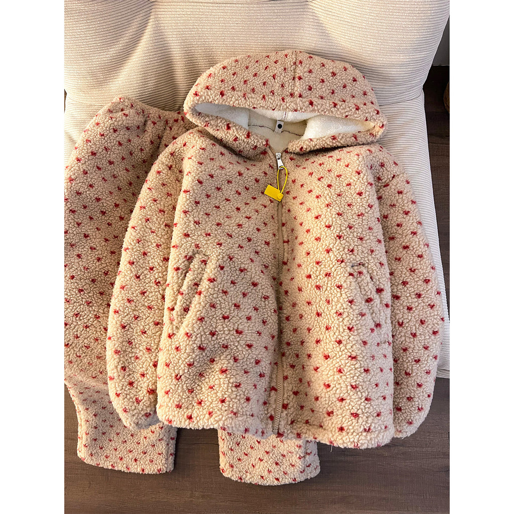 Women's Christmas Polka Dot Three-Layer Quilted Cotton Fleece-Lined Hooded Pajama Set