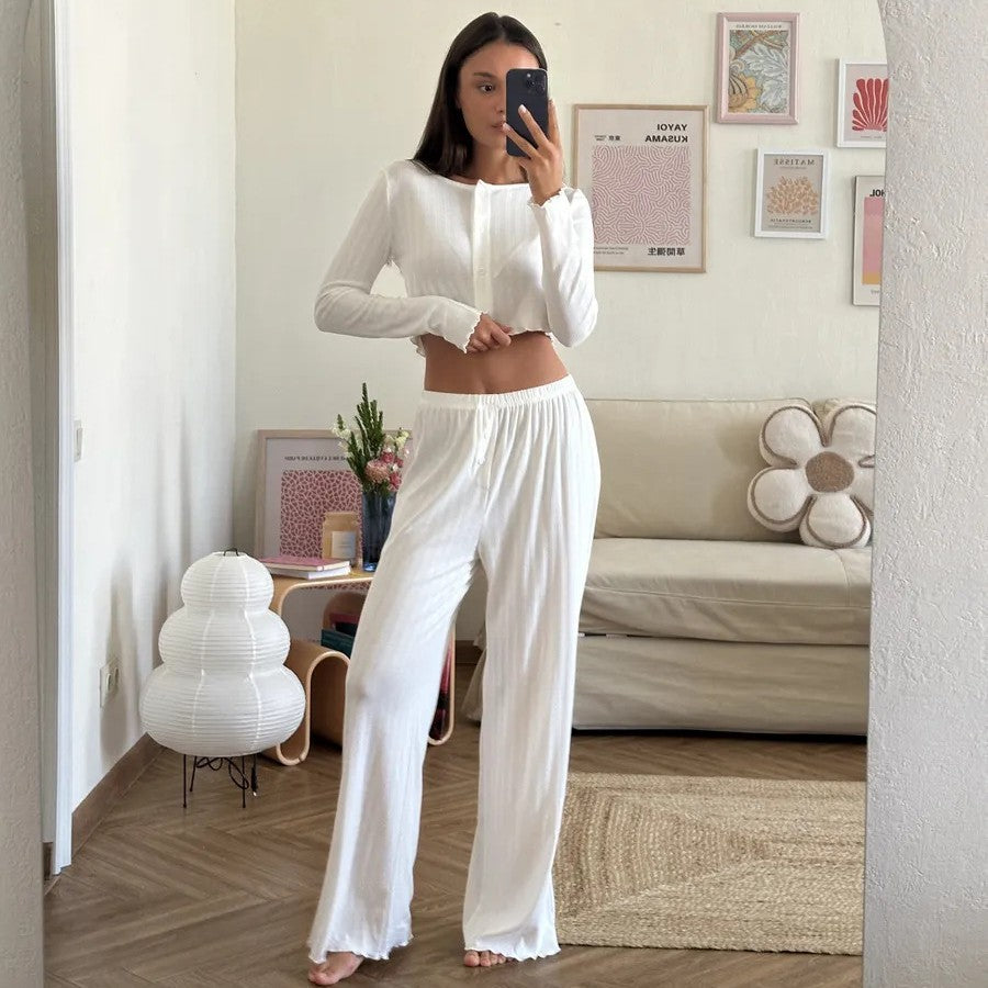 Women's Lapel Long Sleeve Knit Pajama Suit