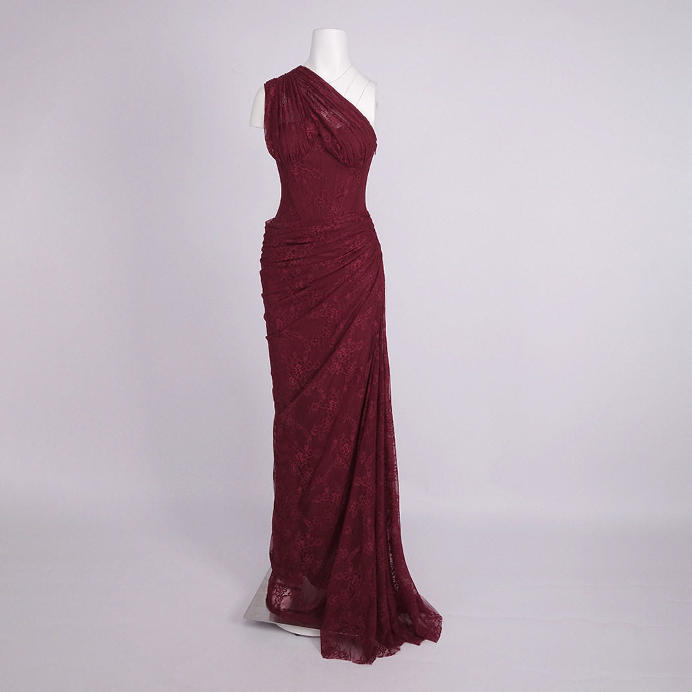 One-Shoulder Lace Long Dress with Stretch Bandage Fabric