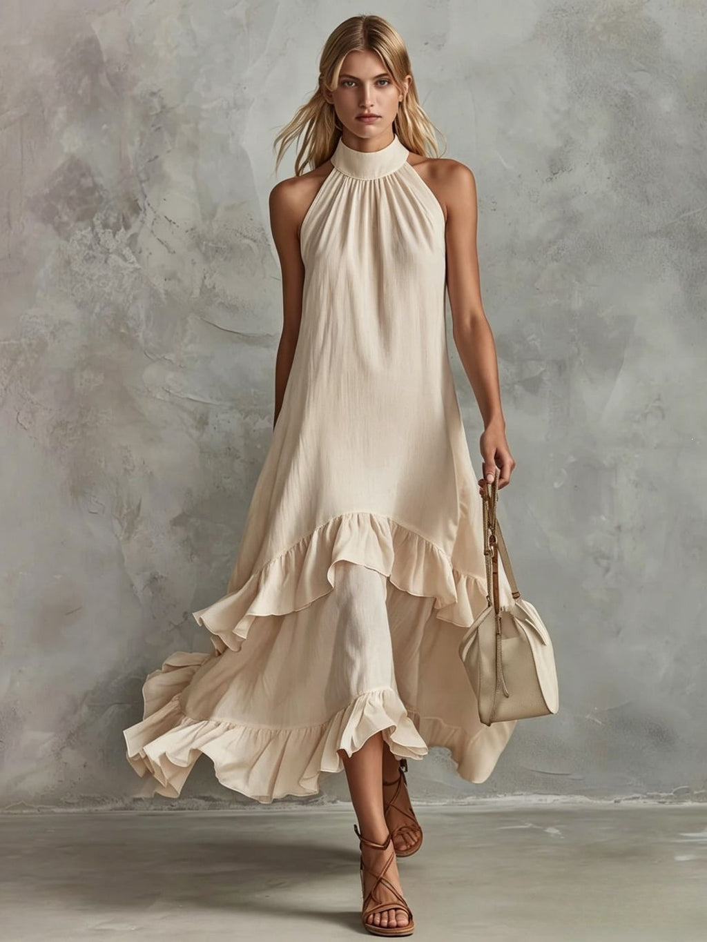 Women's Sleeveless Halter Ruffle Hem Mid-Length Summer Dress