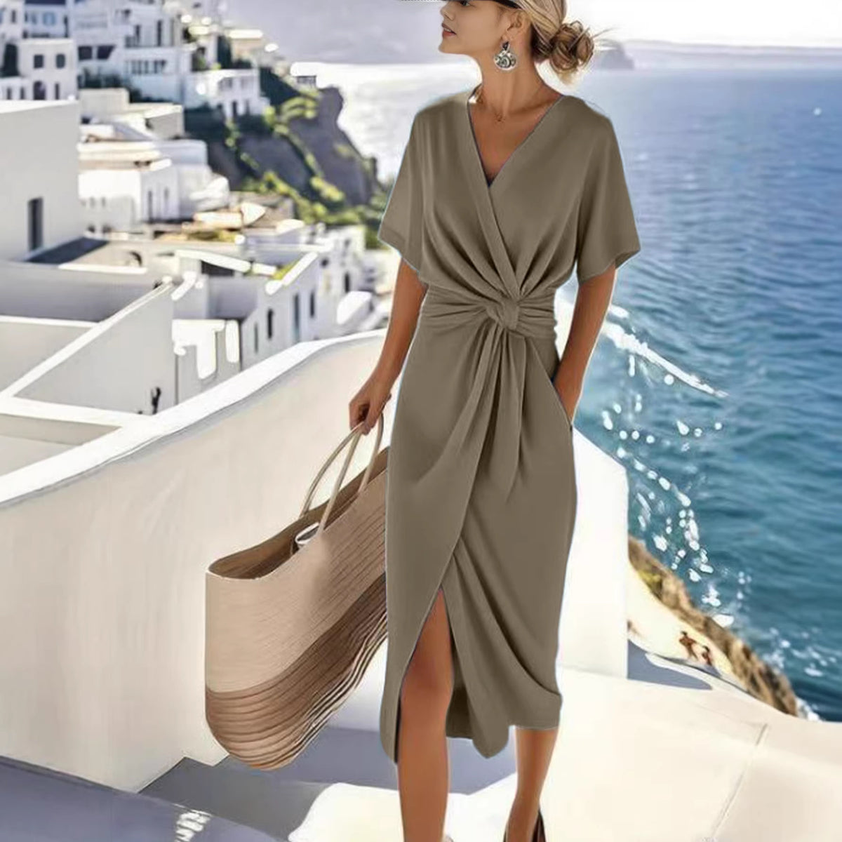 Satin Wrap Dress with Side Slit V-Neck
