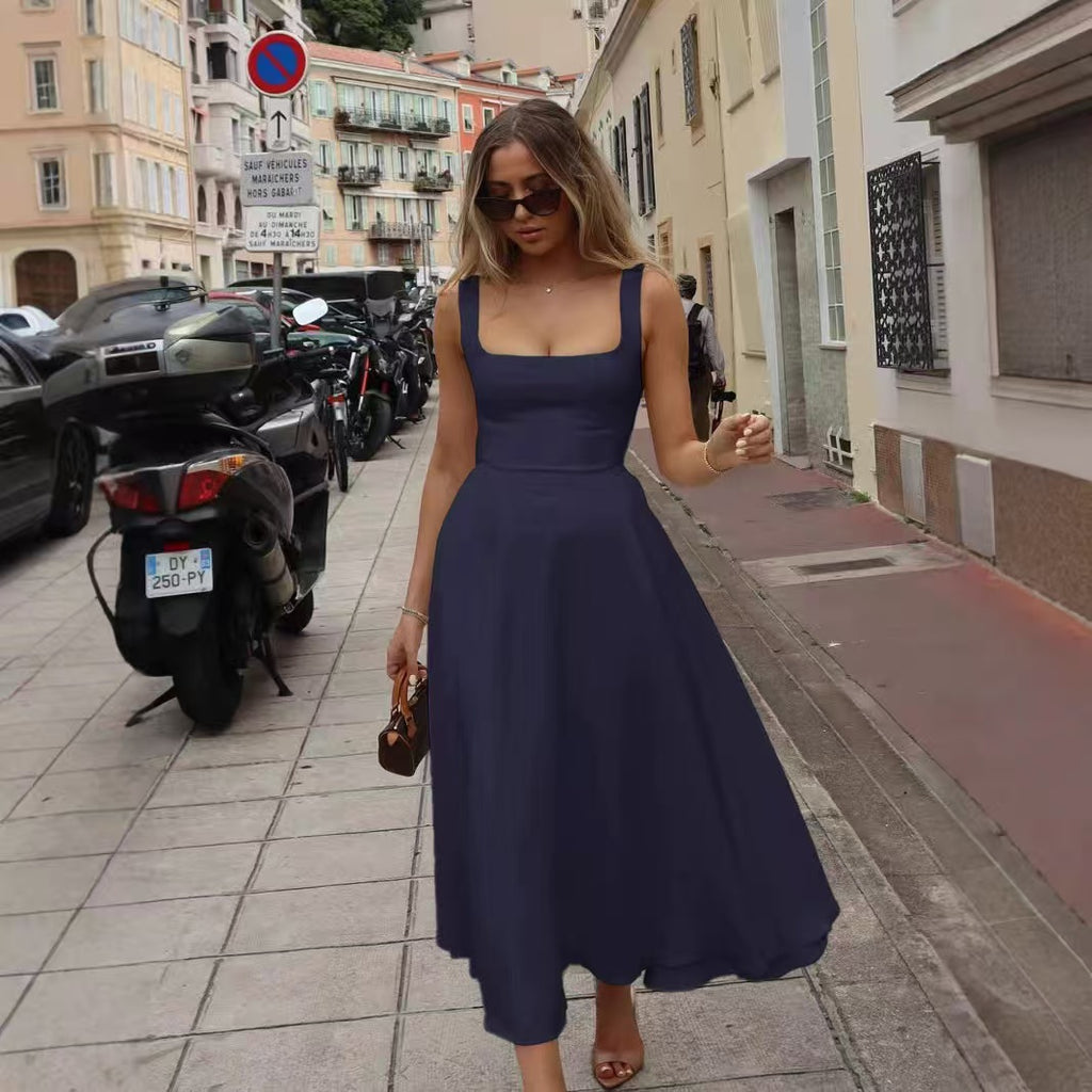 Slim-Fit Waist-Cinching Thick Strap Elegant Dress Long Skirt