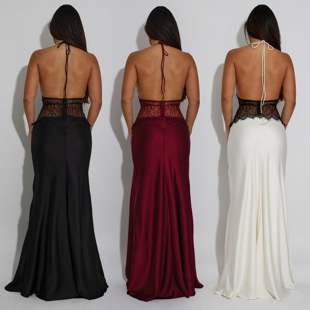 Elegant lace V-neck backless sleeveless long dress