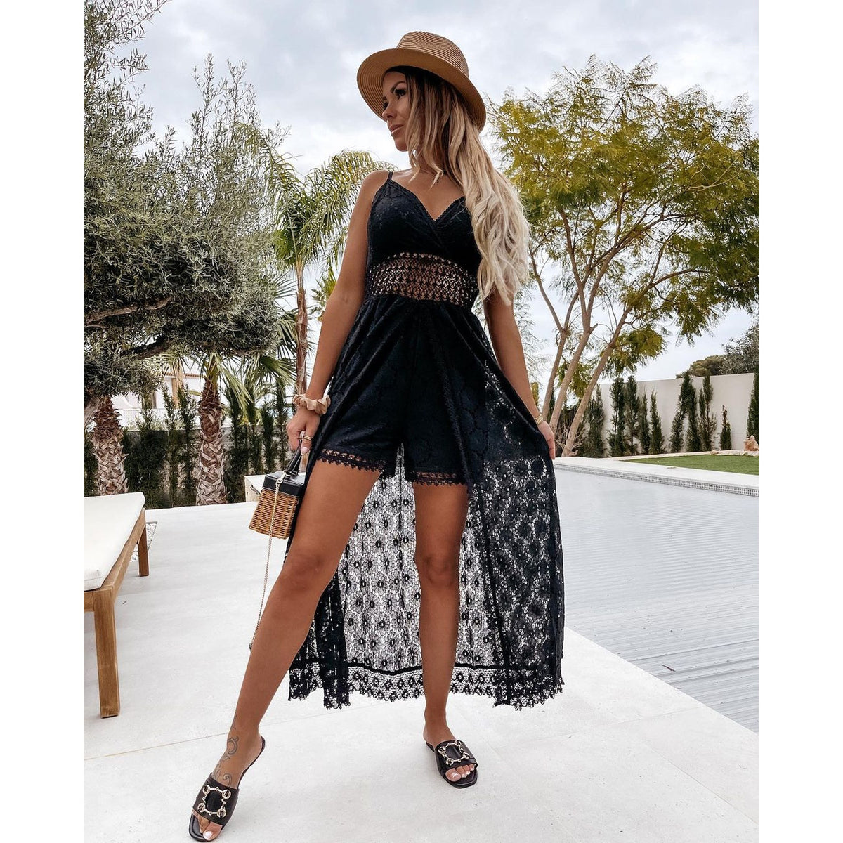 Lace Strap Maxi Solid Color Dress