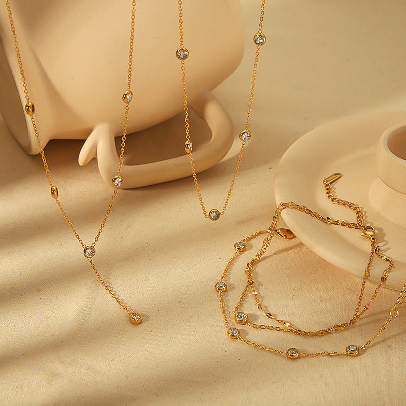 18K gold plated stainless steel diamond-set geometric necklace and bracelet set