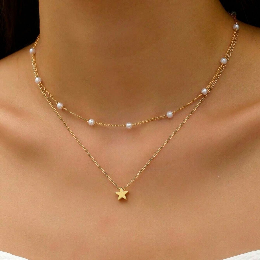 Fashion Imitation Pearl Layered Necklace with Heart Pendant for Women Men