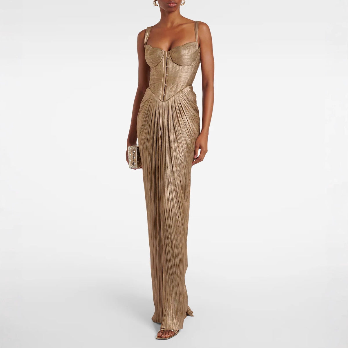 Pleated Gold Lace Up Dress