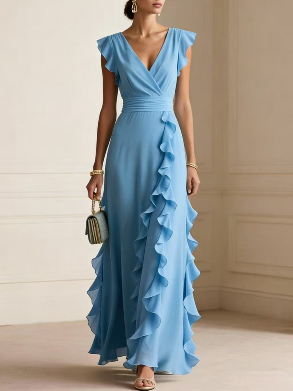 Solid Color, Ruched, Short-Sleeve, V-Neck, Dress, Chiffon Gown