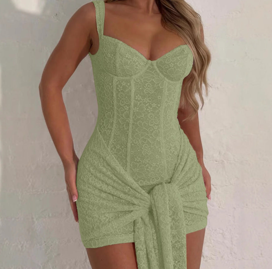 Lace V-Neck Waist Stitch Strappy Dress