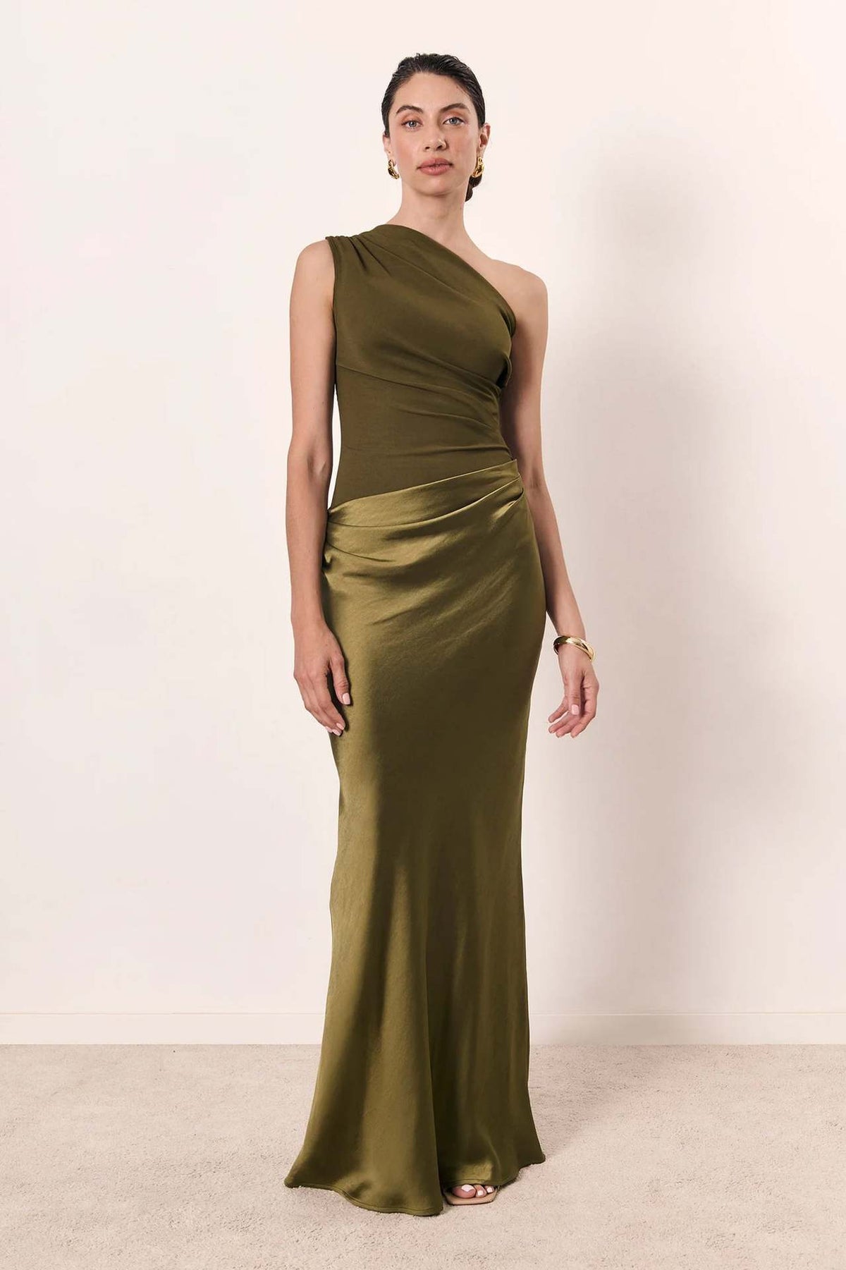 Diagonal Neckline Sleeveless Satin Long Dress