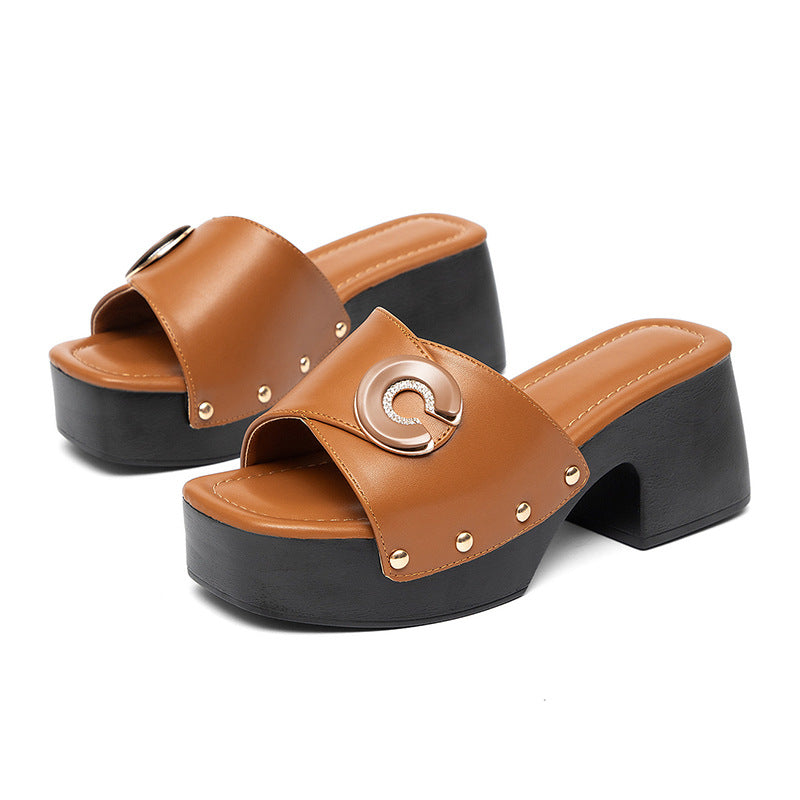 Womens Chunky Heel Open Toe Slippers