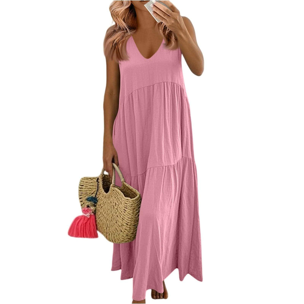 Women's Cotton V-Neck Sleeveless Bohemian Layered Maxi Dress