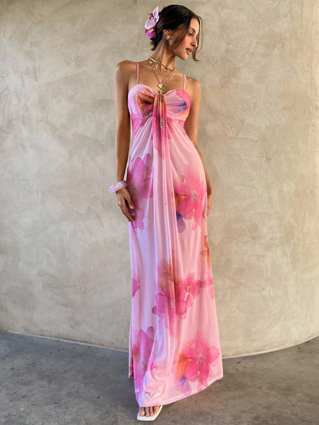 Floral Print Twist Waist Halter Long Dress