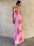 Floral Print Twist Waist Halter Long Dress