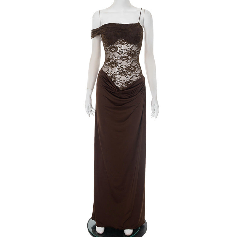 Women Solid Color Spaghetti Strap Lace Slim Fit Patchwork Dress