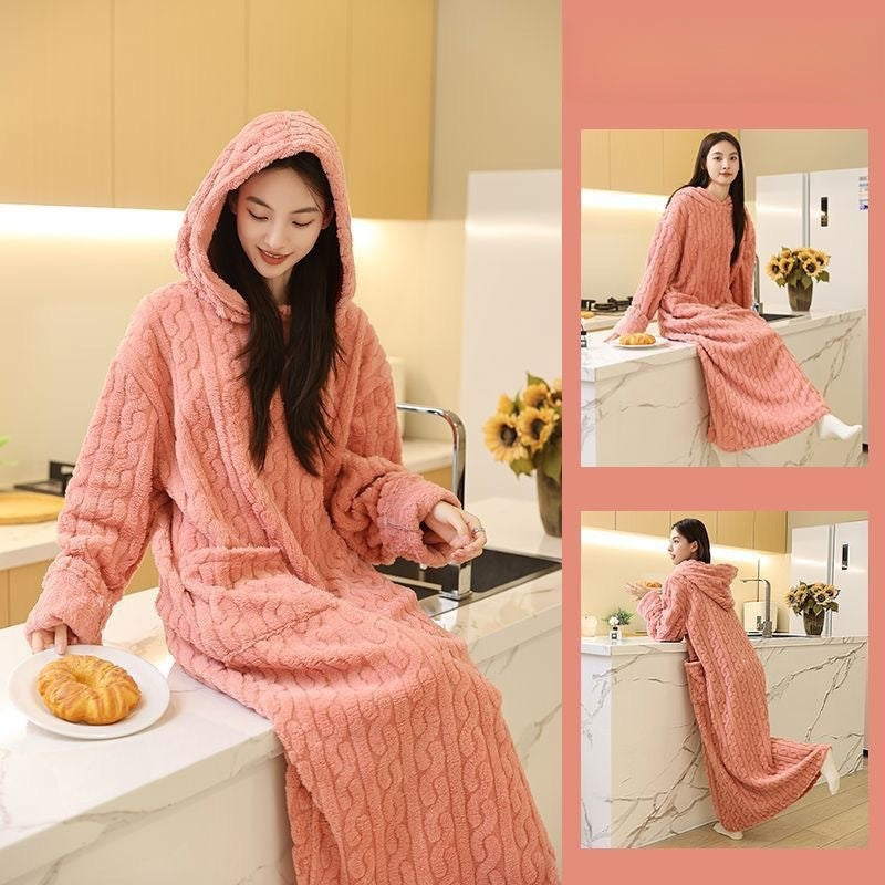 Women Hooded Coral Fleece Warm Long Sleeve Nightgown