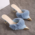 Womens Fur Pointed Toe High Heel Slippers